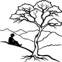 A silhouette of a hiker resting under a large, gnarled tree on a hillside, with a wide valley stretching out below vector
