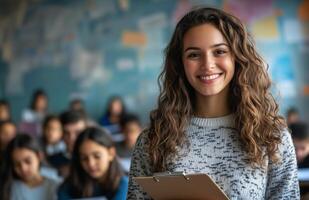 Female teacher smiling at camera holding clipboard with students doing homework in classroom setting photo