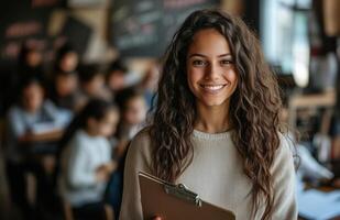 Female teacher smiling at camera holding clipboard with students doing homework in classroom setting photo
