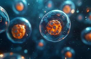 Cells and medical elements, showing cell structures suspended and floating in a transparent medium photo