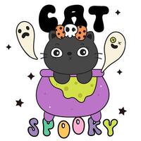 Black cat Halloween on magic pot with ghost kitten playing vector