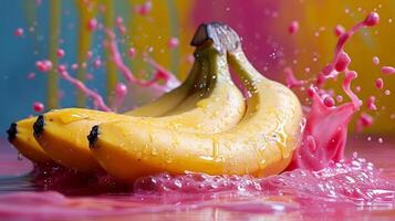 Banana splashing into water, isolated on a colorful background. photo