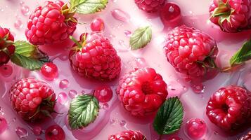 Fresh ripe raspberries with leaves on pink background, top view photo