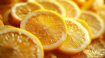 Slices of fresh lemon as background, closeup. Citrus fruit photo