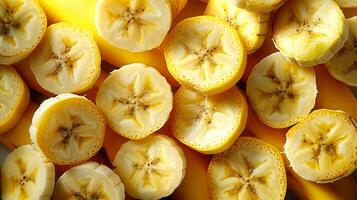 Slices of fresh yellow bananas as background, closeup view. photo