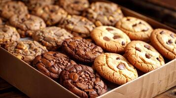 Box with tasty cookies on table, closeup. Chocolate chip cookies. photo
