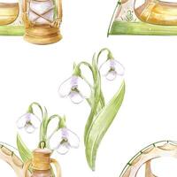 Seamless watercolor pattern on the theme of travel, camping, spring. Tent, kerosene lamp in the forest. For the design of textiles, background, scrapbook, cover, paper, creativity. vector