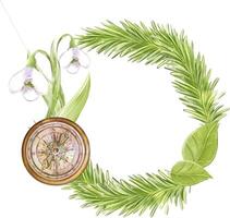 Spring forest watercolor round frame, wreath on the theme of tourism, camping with fir branches, compass and snowdrop. Hand drawing. For the design of flyers, flyers, invitations, scrapbook. vector