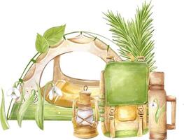 Camping, watercolor composition with tent, thermos, kerosene lamp in the forest. To create designs, flyers, patterns, decor. vector