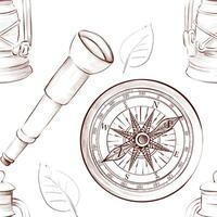Sketch on the theme of camping, travel. Seamless background, freehand drawing. Compass, tourist kerosene lamp. To create a design for textiles, scrap, background. vector