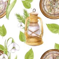 Seamless watercolor pattern with compass and snowdrop. Ideal for packaging, textile, scrap design. Travel, camping, spring. vector