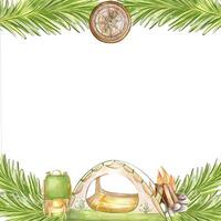 Rectangular forest frame invitation with fir branches, tent, campfire, backpack and compass. Used for design banner, flyer, scrapbook, cards. vector