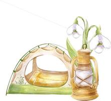 Camping watercolor composition, design on white background. Tent, kerosene lamp, snowdrops, spring design. vector