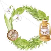 Round frame, wreath on the theme of tourism, camping with fir branches, kerosene lamp and compass. Hand drawing. For the design of flyers, flyers, invitations. vector