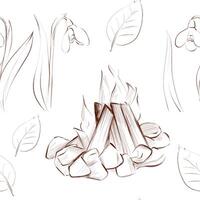 Seamless pattern. Sketch. Freehand drawing. hike. Bonfire and snowdrops. Journey. Picnic. To create background design textile scrap vector
