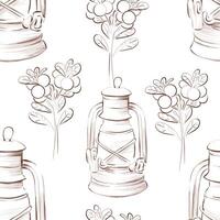 Seamless pattern, background, sketch on the theme of camping, tourism, travel to the mountains. Camping kerosene lamp, wild berries. Freehand drawing. vector