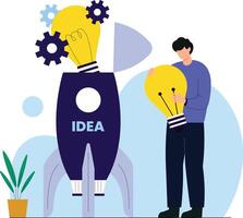 a man thinking process to finding idea at rocket item simple flat style design vector