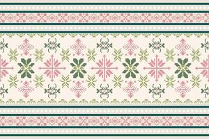 Pixel art floral and geometric pattern with decorative borders in pink and green tones on beige background. Ideal for fabric and wallpaper designs. vector