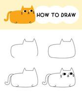 How to draw cat cartoon step by step for learning, kid, education, coloring book. vector