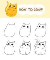 How to draw cat cartoon step by step for learning, kid, education, coloring book. vector