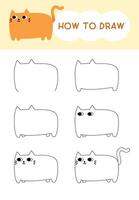 How to draw cat cartoon step by step for learning, kid, education, coloring book. illustration vector