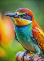 A colorful bird with a blue head and green wings is perched on a branch. photo