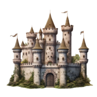 Medieval stone castle with multiple towers and flags, isolated on transparent png