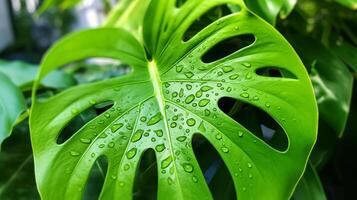 Green Monstera Leaf with Water Droplets photo