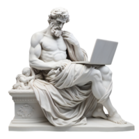 classic gypsum statue of man using laptop. Statue with a laptop in his lap. isolated on transparent png