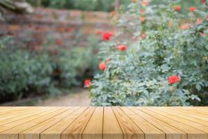 Empty wood table top with blur rose garden background for product display photo
