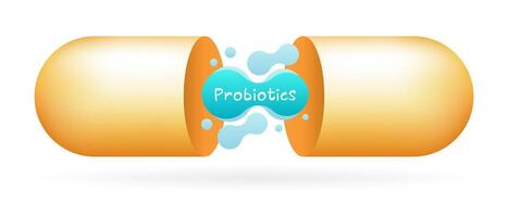 Yellow open capsule with probiotics inside. Digestion intestinal microflora immunity. Soluble shell, fluids, medicine, pill, treatment, healthcare, vitamin, dietary supplements, science, pharmacology vector