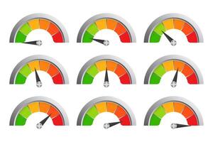 Multi colored scale in a metal frame. Measure, measurement, arrow, data transfer rate, speedometer, green to red, temperature, thermometer, medical and engineering device, health monitoring, min, max vector