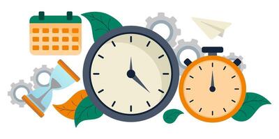 Time management. Stopwatch, clock, hourglass, calendar, gears, green orange leaves, paper plane, personal schedule, planning, timetable, make an appointment, keep track of time, timer, alarm, work vector