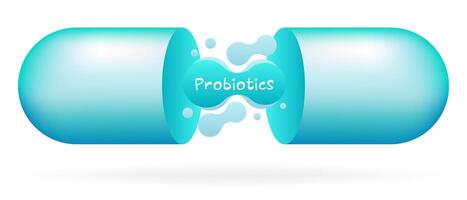Blue open capsule with probiotics inside. Digestion, intestinal microflora, immunity. Soluble shell, fluids, medicine, pill, treatment, healthcare, vitamin, dietary supplements, science, pharmacology vector