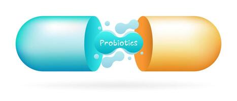Blue and yellow open capsule with probiotics inside. Digestion, intestinal microflora, immunity. Soluble shell, fluids, medicine, pill, treatment, healthcare, vitamin, dietary supplements, science vector