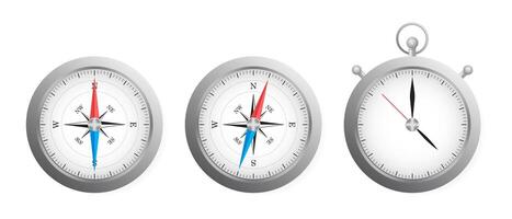Compass and stopwatch. Land, sea, navigation, geography, orientation, north, south, west, east, travel, tourism, journey, hand, space, dial, face, keep track of time, measure, timer, timepiece, clock vector