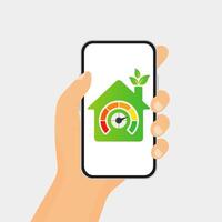 Smart home system. Hand holding telephone. Control, adjust, customize, multi colored scale, green house, temperature, air, hood, humidity, equipment, connected devices remote access lighting security vector