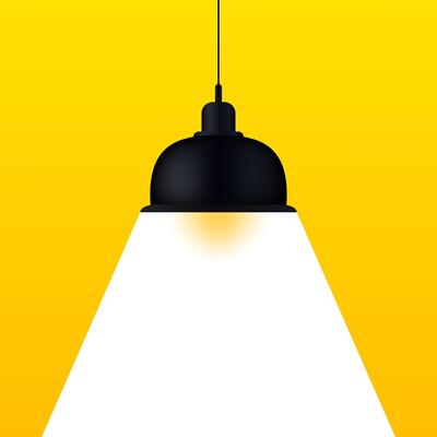 Spotlight on a yellow background. Lantern, light, shine, stage, performance, speech, important topic, illuminate, black lamp, empty space, banner, poster. illustration