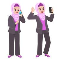 Beautiful happy business woman in hijab standing talking to the phone vector