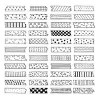 Big doodle set of washi tape stripes with squiggle, geometry, cute pattern. Adhesive tape with black and white ornament. Trendy decorative scotch tape with ragged edges for scrapbook, planner, design. vector