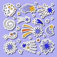 Big set of stickers of star dust, spiral twinkle cloud, falling star for planners, notebooks. Ready for print list of cute stickers. Sparkling magical stardust, comet shower with hand drawn outline vector