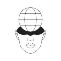 Futuristic human head with globe planet surreal Y2k outline minimal black icon flat vector