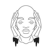 Y2k psychedelic future man head with melting hand outline black icon flat illustration vector