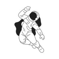Y2k astronaut in spacesuit and helmet floating at open space outline artwork icon flat vector