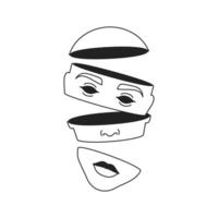 Abstract chopped human head psychedelic Y2k black outline icon flat illustration vector
