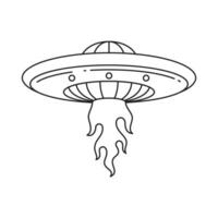 Y2k alien spaceship saucer launch with burning flame pop art outline icon illustration vector