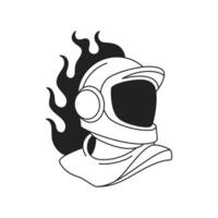 Y2k astronaut helmet spacesuit with burning flame gothic tattoo outline icon flat vector