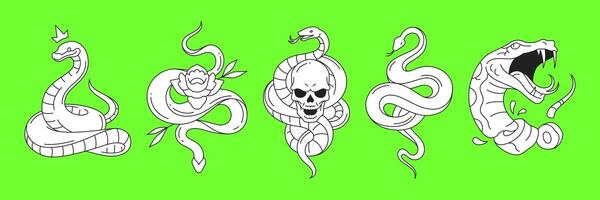 Y2k psychedelic snakes with skull flower crown neo gothic outline icon set flat vector