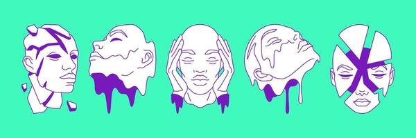 Y2k science fiction melting section faces psychedelic outline illustrations set vector