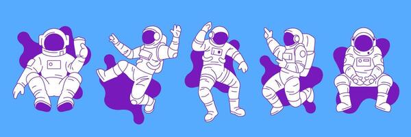 Y2k futuristic astronauts in spacesuit contemporary pop art illustrations set vector